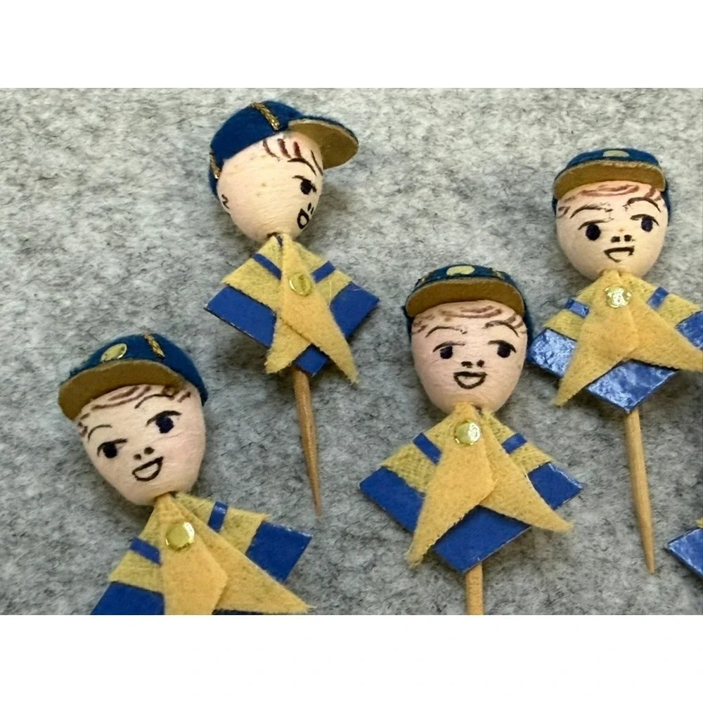 Vintage 1950's Boy Scout Spun Cup Cake Topper Party Picks Set of 7 Made in Japan